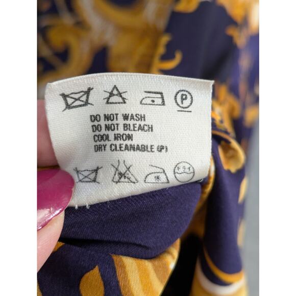 Crisca Tunic Blouse Women 34 Baroque Print 100% Silk Long Sleeve Flowy Navy Gold - Picture 16 of 16